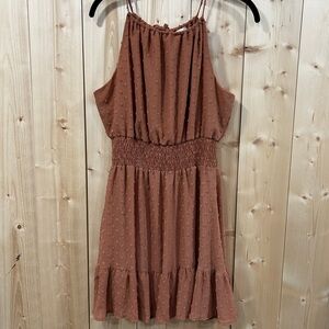 Altar'd State Boho Fem Swiss Dot Smocked Waist Halter Mini Dress - Soft Rust - L